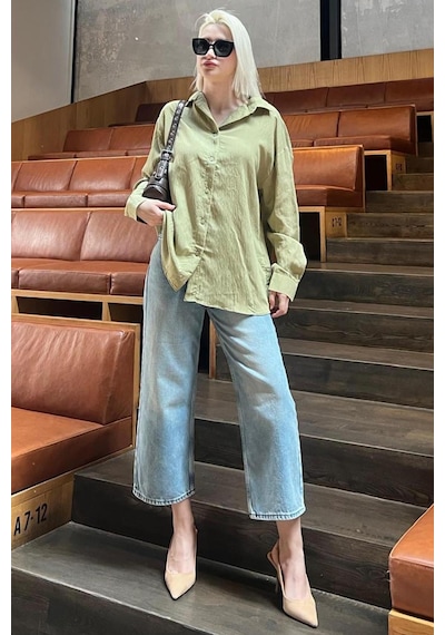 Madmext Haki Uzun Kollu Çizgili Oversize Gömlek Mg2080-haki Haki