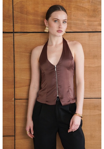 Verymoda Fermuarlı Saten Yelek Vmd2952 Kahve