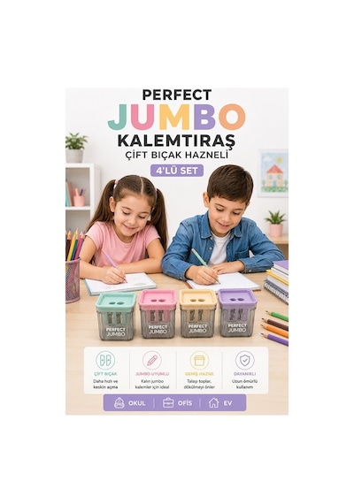 Kalemtraş 4 Adet Perfect Hazneli Çift Bıçaklı Jumbo Kalem Açacağı Plastik Kalemtıraş Kalem Traş Okul Sınıf