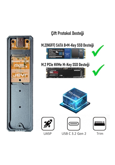 Jeyı Thunderate M.2 Pcıe Nvme Ve M.2 Ngff Sata Ssd To Usb 3.2