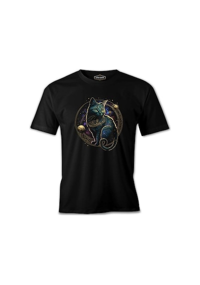 Magical Cat İn Space With The Moon And Planets Siyah Erkek Tshirt 001