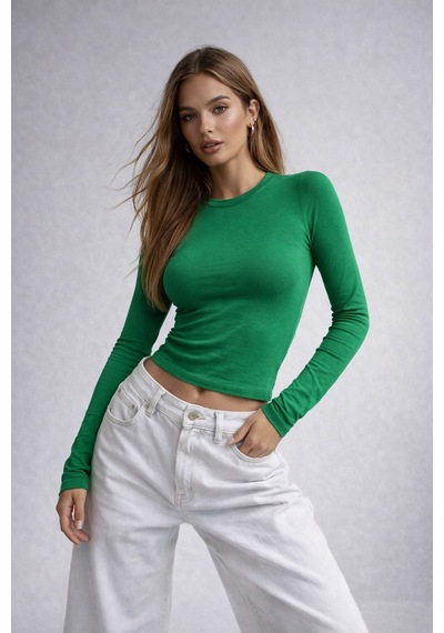 Wild Bee Kadın Yeşil Bisiklet Yaka Uzun Kollu Basic Bluz YEŞİL