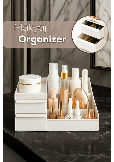 Porsima 5303 Çok Amaçlı Organizer 2 Çekmeceli Kozmetik Parfüm Krem Takı Makyaj Düzenleyici Beyaz