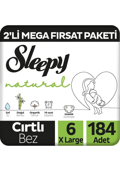 Sleepy Natural 2'li Mega Fırsat Paketi Bebek Bezi 6 Numara 184 Adet 4'lü