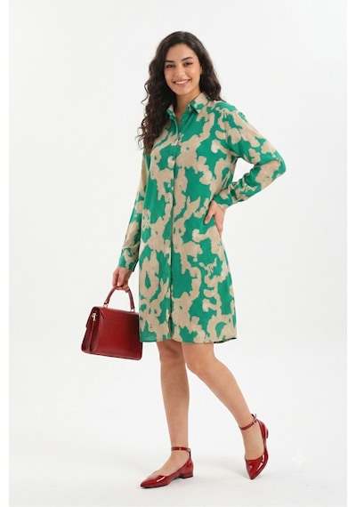 Polologin Butik Zümrüt Yeşili Soyut Desenli Kadın Viskon Gömlek Tunik Yeşil