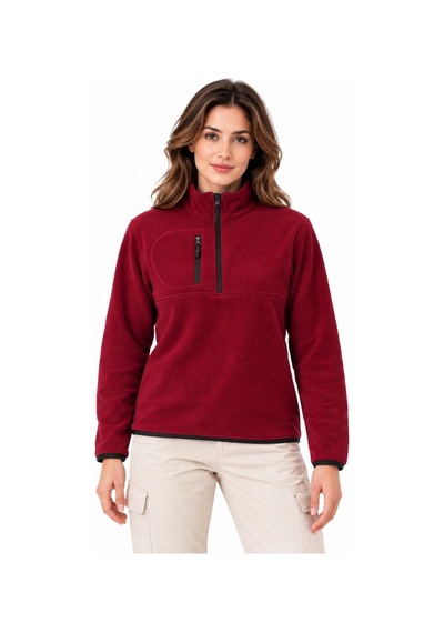 Moda Kadın Polar Dik Yaka Yarım Fermuarlı Fermuarlı Göğüs Cepli Regular Fit Kışlık Sweatshirt - Bordo Çok Renkli