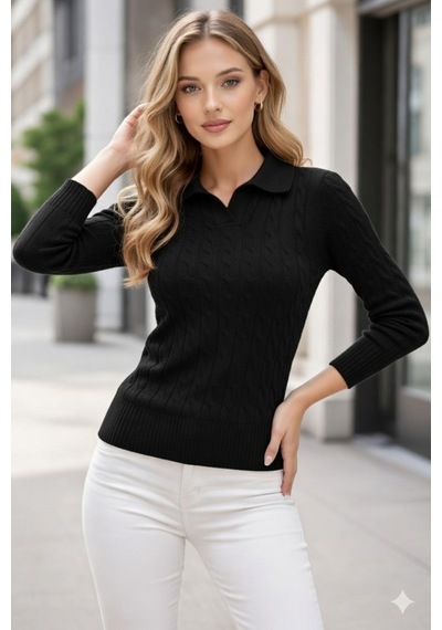 Youknitwear You Riviera %100 Pamuk Polo Yaka Kadın Kazak Siyah