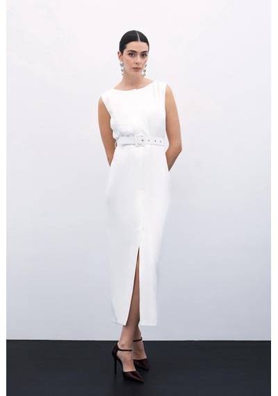 Sateen Kemerli Kalem Elbise - Ekru-135813 Ekru