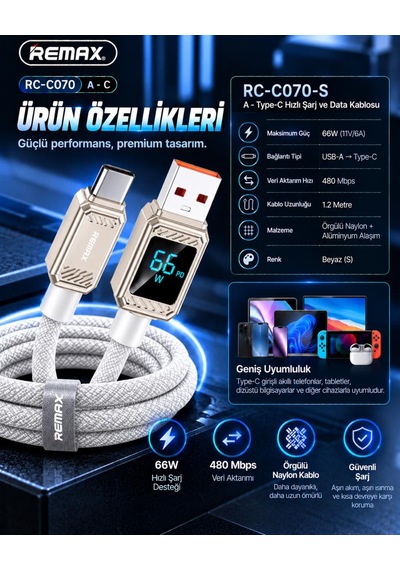 Remax Suxien Serisi Rc-c070-b 66w Akıllı Dijital Ekranlı Usb-a To Type-c Hızlı Şarj Ve Data Kablosu 1.2 Metre Beyaz