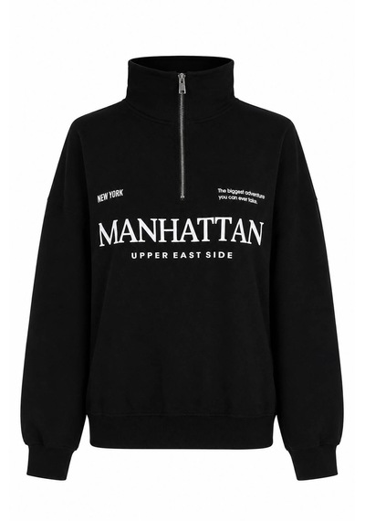 Trender Manhattan Baskı Yarım Fermuarlı Siyah Kadın Sweatshirt 27kdt1000023