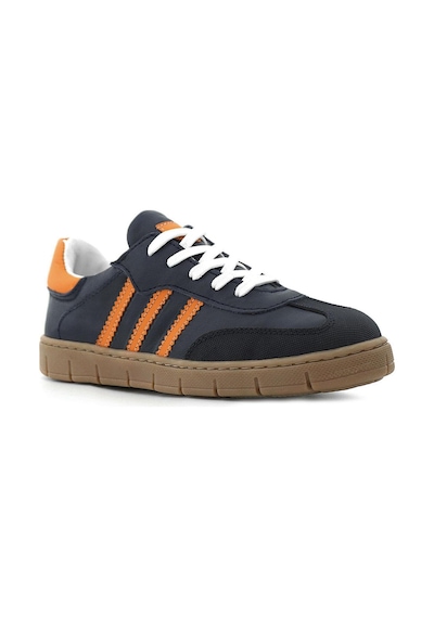 Hakiki Deri Lacivert Turuncu Bağcıklı Fermuarlı Çocuk Sneakers Ayakkabı Lacivert