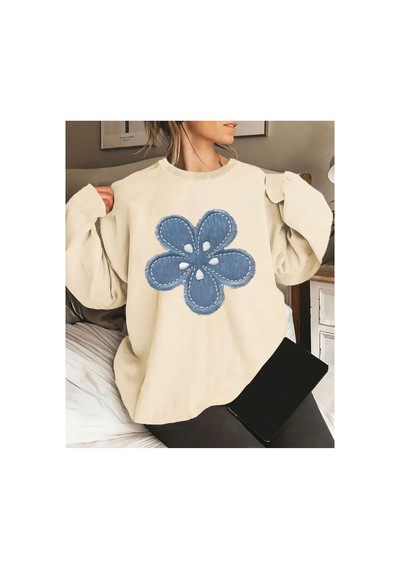 Herkesemoda Çiçek Baskı Detaylı Bisiklet Yaka Sweatshirt Bej