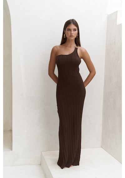 Mai Collection Mai Studios Co. Endah Halka Detaylı Asimetrik Kahve Uzun Triko Elbise Kahve