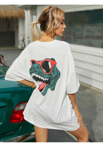Tarzsokak Kadın Sırt Baskılı Dinazor Oversize T-shirt Beyaz