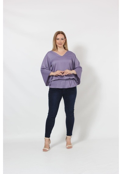 Moda Berray 3183 Lila Beli Lastikli Bol Kol Bluz 001