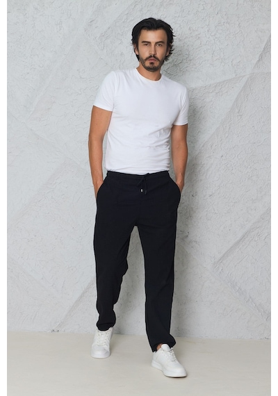 Blayn Jeans Erkek Haki Jogger Pantolon Beli Lastikli Bağcıklı %100 Pamuk Keten Baggy Rahat Günlük Pantolon siyah