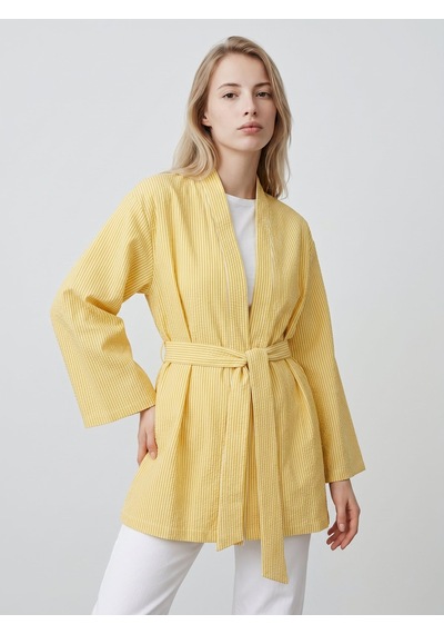Saade Sââde Kadın Dikey Çizgili Geniş Kollu Şık Yazlık Relaxed Kimono Sarı