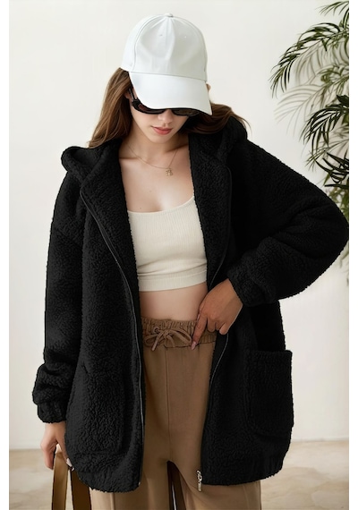 Aclassics Peluş Kuzu Kıvırcık Torba Cepli Kolej Mont Siyah Ks2526 Çok Renkli