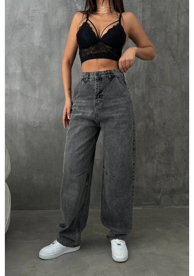 Füme Premium Yıkamalı Kemerli Baggy Jeans Füme