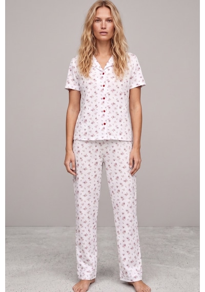 Siyah İnci İnce Soft Örme Mevsimlik Düğmeli Pijama Takımı 8002 Ekru Bordo Çiçek