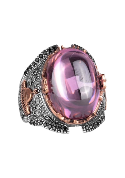 925 Ayar Gümüş Erkek Yüzüğü, Müslüman Camisi Pembe Topaz Yapay Taş Gümüş