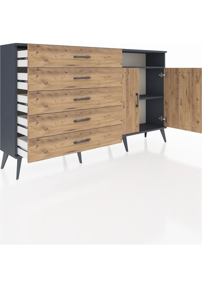 Arges Konsol 2 Raflı 5 Çekmeceli 2 Kapaklı 176x30x99 Antrasit-çam Antrasit-çam