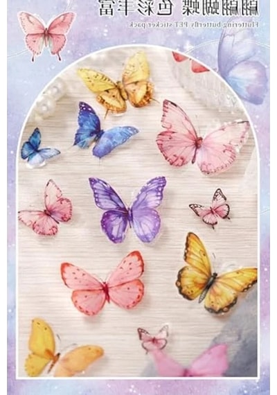 Renkli Kelebek Sticker Seti, 123 Adet, Şeffaf Açık Ahşap