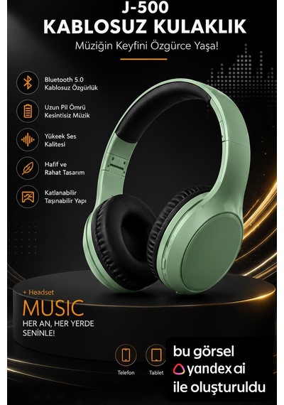 J500 Yeşil Renk Bluetooth Kafa Üstü Kulaklık