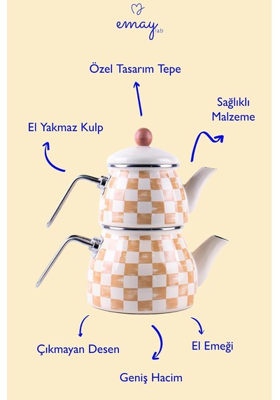Beige Dama Desenli Emaye Çaydanlık Tüm Ocaklara Uygun Çok Renkli