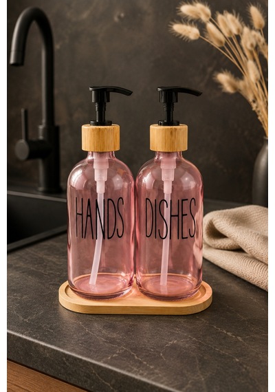 Relly Bambu Standlı İkili Cam Sabunluk Seti 2 X 500 Ml Hands & Dıshes Pembe
