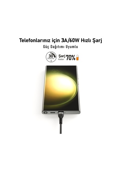 Type-c Type-c Hızlı Şarj Kablosu Pd 60w 3a 1.2m - Alüminyum Kasa Ultra Dayanıklı Akıllı Çipli Siyah