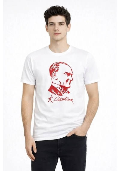 De'charme Erkek Atatürk Baskılı Tişört Kısa Kollu Bisiklet Yaka T-shirt - Beyaz