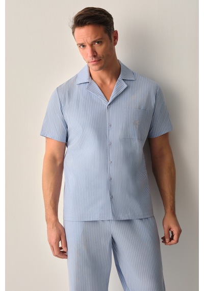 Suwen Walker Erkek Pamuklu Gömlek Yaka Erkek Pijama Takımı Sh26711660b1075 Mavi Çizgili