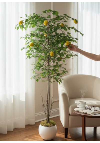 Yapay Limon Ağacı 160cm 10 Limonlu Doğal Görünümlü Beyaz Küre Plastik Saksılı Yapay Ağaç Sarı
