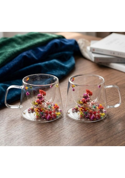 2li El Yapımı Gerçek Kuru Çiçekli Çift Cidarlı Cam Kupa Hediyelik Tasarım Çay Fincanı 250ml. Şefaf