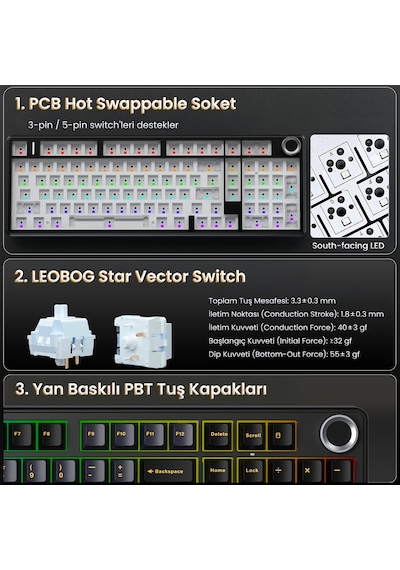 Aula F99 Pro 3 Modlu Rgb Hot Swap Mekanik Star Vector Switch Kablosuz Makrolu Klavye Siyah