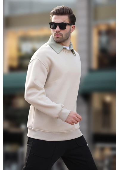 Madmext Bej Polo Yaka Erkek Sweatshirt 7086 Bej