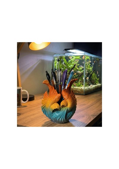 Dekoratif Koi Balığı Figürlü Kalemlik & Vazo - 3d Tasarım Modern Masaüstü Organizer 14x10cm