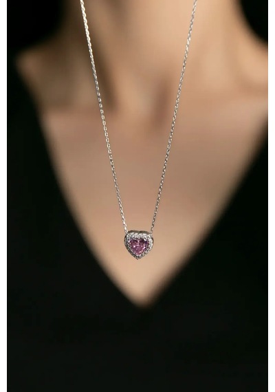 Swarovski Pembe Kalp Taşlı  S Model Gümüş Kolye