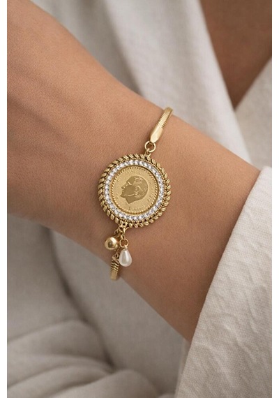 Çelik Lira Temalı Zirkon Gold Bileklik Gümüş + Altın