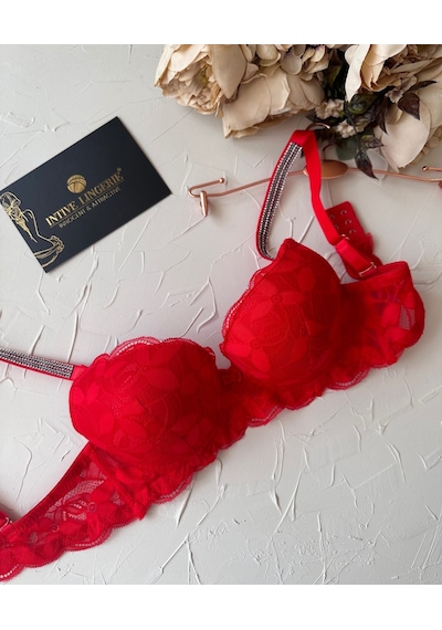 Jasmine Askıları Parlak Taşlı Hafif Destekli Dantelli Soft Cup İt Kırmızı