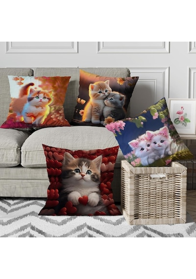 Kedi Desenli Dijital Baskılı Dekoratif Kırlent Yastık Kılıfı 4lü Set Çok Renkli