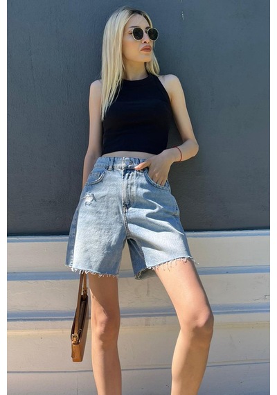 Madmext Mavi Yüksek Bel Regular Fit Basic Kot Şort Mg1520 Mavi