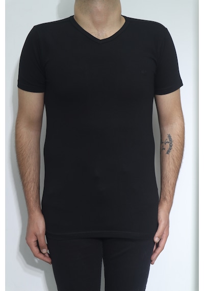 Santa Dmctekstil Erkek Düz Spor Kesim Dar Kalıp V-yaka T-shirt Siyah