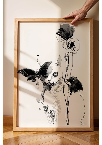 Modern Sanatsal Kedi Ve Kelebek Çerçeveli Tablo - Minimalist Monochrome Duvar Dekoru Kayın