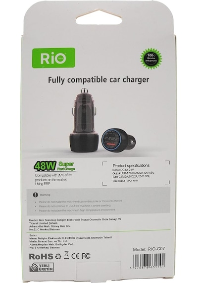 Rio 3.0 48w Araç Şarjmatik Usb-a Ve Type-c Çıkışlı Çakmaklık Girişli Araç Şarj Adaptörü