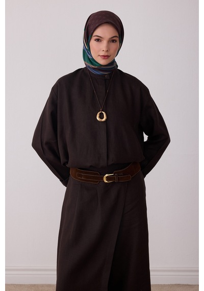Belli Geometrik Desen %100 Twill İpek Eşarp Be23 Kahverengi-yeşil