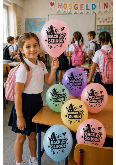 Okulda İlk Günüm 10'lu Makaron Balon Seti Çift Taraflı Back To School Okul Açılışı Diğer