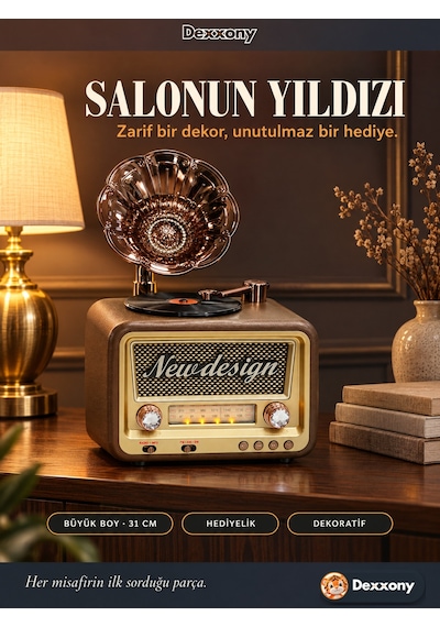 Dexxony Dx-2527 Kahve Nostaljik Radyo Gramofon Görünümlü Büyük Boy Şarjlı Bluetooth Hoparlör Fm Usb