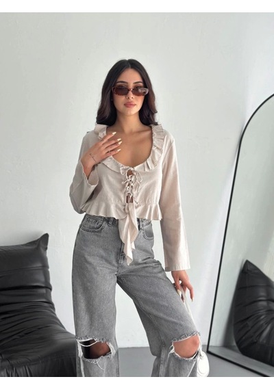 Defymoda Keten Uzun Kol Bağacık Detaylı Bluz - Bej Bej